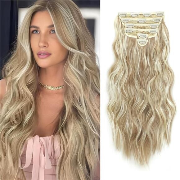6PCS Long Wavy Curly Clip on Dark Ash Blonde Mixed Bleach Blonde